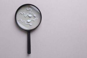 Reproductive,Medicine.,Magnifier,And,Sperm,Cells,On,Gray,Background,,Top