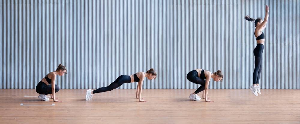 Girl doing a burpee, step-by-step